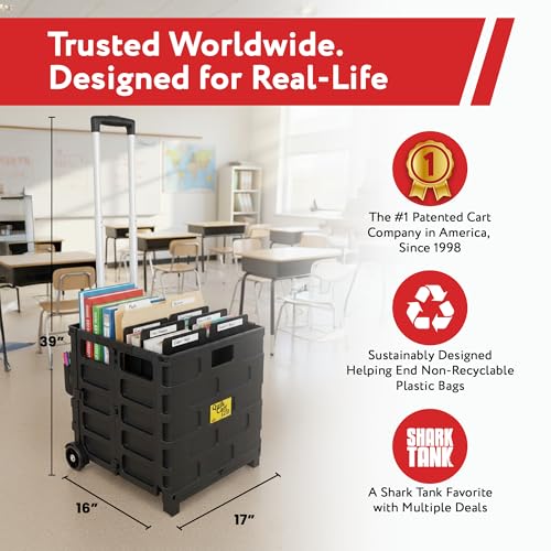 Image of dbest products Quik Cart Pro Wheeled Rolling Crate Teacher Utility with seat Heavy Duty Collapsible Basket with Handle, Aluminum, Black