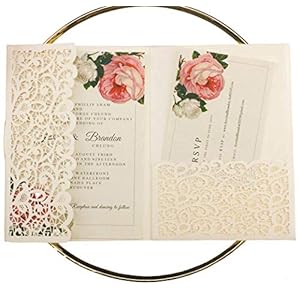25pcs 5″x7.28″ Ivory Vintage Tri Fold Wedding Invitations Cards pocket Pearl Paper Laser Cut Hollow Carving Greeting invites Covers only no envelope no insert