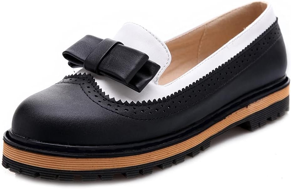 MIOKE Women's Flat Bow Slip On Oxford Shoes Two Tone Wingtip Perforated Low Heels School Oxfords Brogues