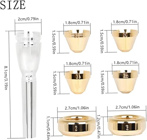 Miniatura 6 de Juego de boquillas de trompeta de latón de repuesto 3C, 2C, 2B, 3B, con bolsa de almacenamiento, accesorio de instrumentos musicales multifunción,