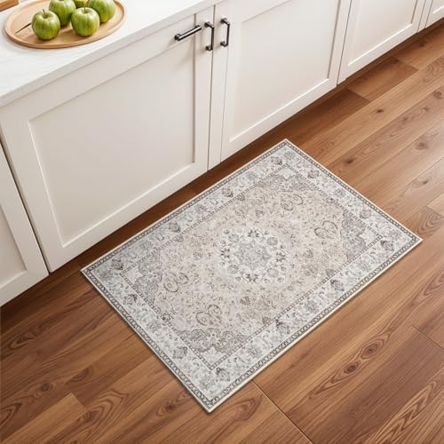 Washable 2x3 Entryway Area Rug - Neutral Kitchen Rug Runner Vintage Soft Floor Mat Non Slip Indoor Farmhouse Carpet for Bathroom Living Room Bedroom (2 X 3, Beige)