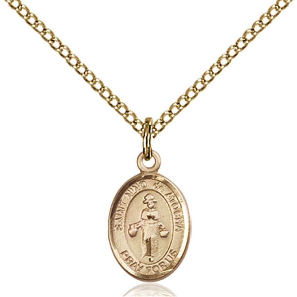 Bonyak Jewelry Saint Medal Collection Gold Filled St. Nino de Atocha Pendant 1/2 x 1/4 inches with Gold Filled Lite Curb Chain