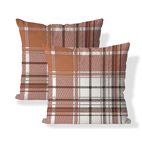 Set of 2 Fall Pillow Covers Autumn Decorative Throw Pillow Cases 18x18 Inch Orange Grey Plaids Cushion Covers Faux Linen,Farmhouse,Thanksgiving,Home Décor