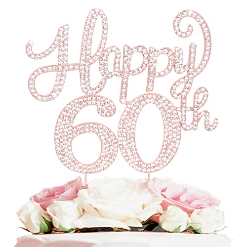 LASKYER Happy 60th Birthday Decorations,60th Birthday Rose Gold Rhinestone Cake Topper - Cheers to Sixty Years Old Bday Party Metal Sparkly Cake Centerpieces Sign.