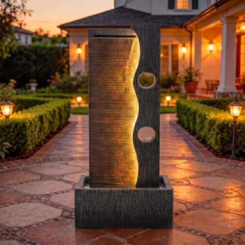AUTODAYA 39.4" Modern Zen Faux Slate Water Fountain for Outdoors with LED Lights, Cascading Waterfall, Tranquil Water Feature for Patio, Garden, Deck or Porch