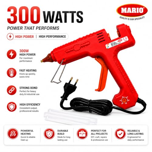 Image of Mario 300W Heavy Duty Glue Gun - Long Use, Nozzle Guard, Temp control+ 5 Crystal Clear Glue Sticks - Red (ME-3000)