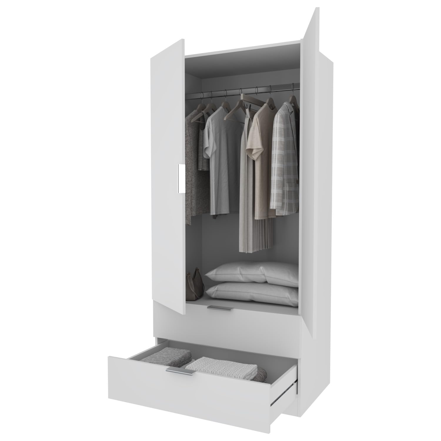EGLEMTEK Armadio Santa Clara Armadietto Multiuso Per Camera Da Letto Con appendiabiti 2 Ante Con Maniglie In Metallo e 2 Cassetti Ideale Per Arredare La Tua Stanza 180 x 81 x 52 Cm Colore Bianco