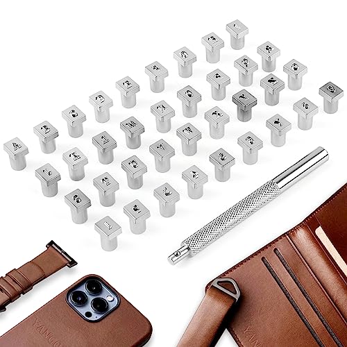 Leather Stamps Alphabet Kit 3mm,Yangoutool 37 Pcs Leathercraft Metal Letter and Number Stamping Punch Set for Leather Craft Printing Tool
