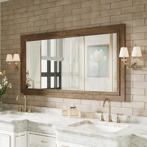 Rustic Wall-Mounted Vanity Mirror, Solid Wood Frame Bathroom Mirror, Farmhouse