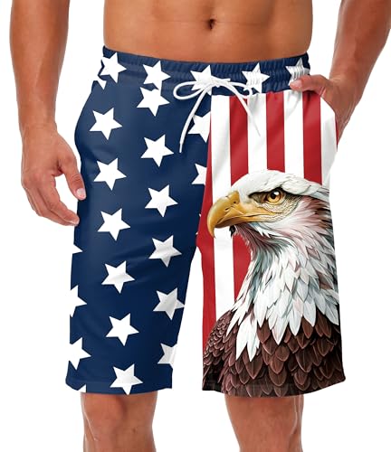 Mens American Flag Shorts Fourth of July Printed Running Shorts USA Eagle Swim Trunks with Pockets L