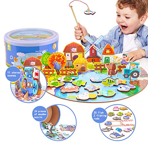 QUCHENG Juego de Pesca magnética Puzzles de Madera Juego de Pesca magnética de Madera Juego con Varilla (Granja)
