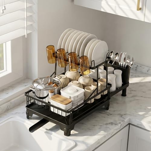 GSlife Large 2 Tier Dish Drying Rack, Expandable Multifunctional Dish Rack for Kitchen Counter, Rust-Resistant Dish Drainer with Utensil & Cup Holder, Auto-Drain, 16.9" W x 14.4"-22.4" L, Black by GSlife - Image 6