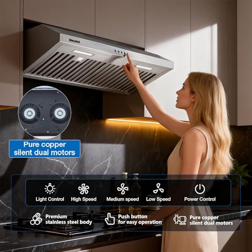 Image of 30 Inch Under Cabinet Range Hood, kitchen hood ductless 600CFM | Dual Motor Stainless Steel, 3‑Speed Fan,Convertible Ducted /Ductless,2 LED Lights,Baffle Filters,Top & Rear Vent