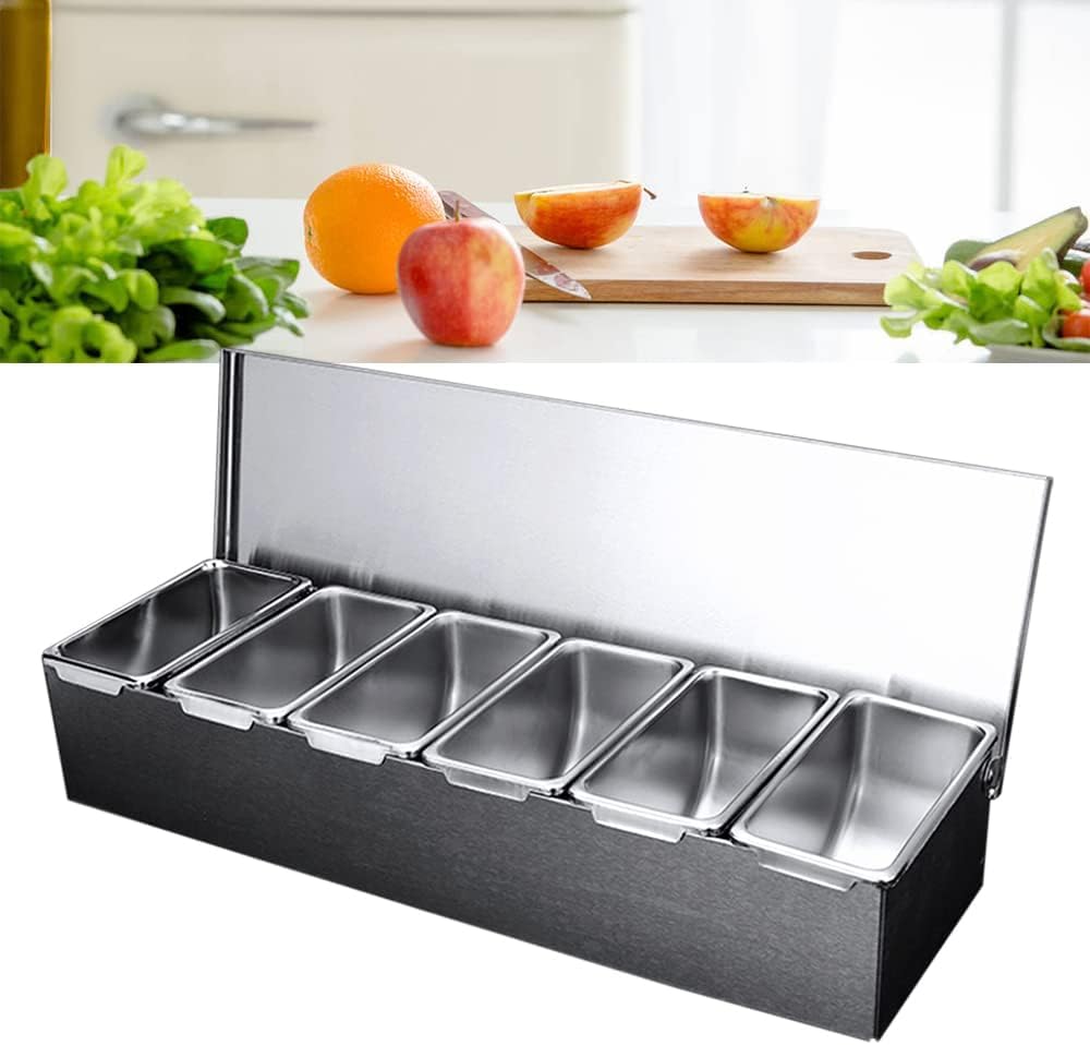 LIUBO Tabletts mit 6 Fächern, Edelstahl, abnehmbare Topping Station mit Deckel, Pizza-Zutaten, Gewürzspender, wiederverwendbar, eiskühlt, Gewürzbehälter