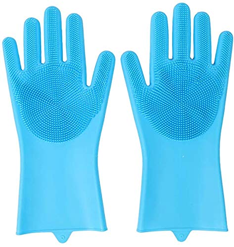 Taylor & Brown Pair of Magic Dishwashing Cleaning Sponge Gloves Reusable Silicone Brush Scrubber Heat Resistant for Kitchen Bathroom Cleaning Pet Hair Care Car Washing (Blue)
