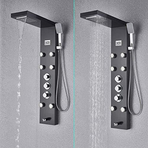 Panel de ducha termostático torre de masaje con sistema de cascada y lluvia acabado en bronce aceitado miniatura 3