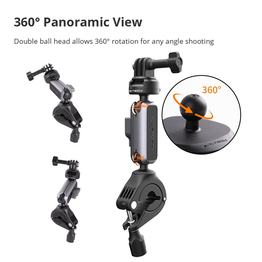 PGYTECH CapLock Fahrrad Lenkerhalterung Aluminium Motorrad Actioncam Klemme | Schnellverschluss Lenker Halterung, 360 Panorama Dual-Kugelkopf, 1/4 Zoll Gewindeadapter, für DJI/GoPro/Insta360