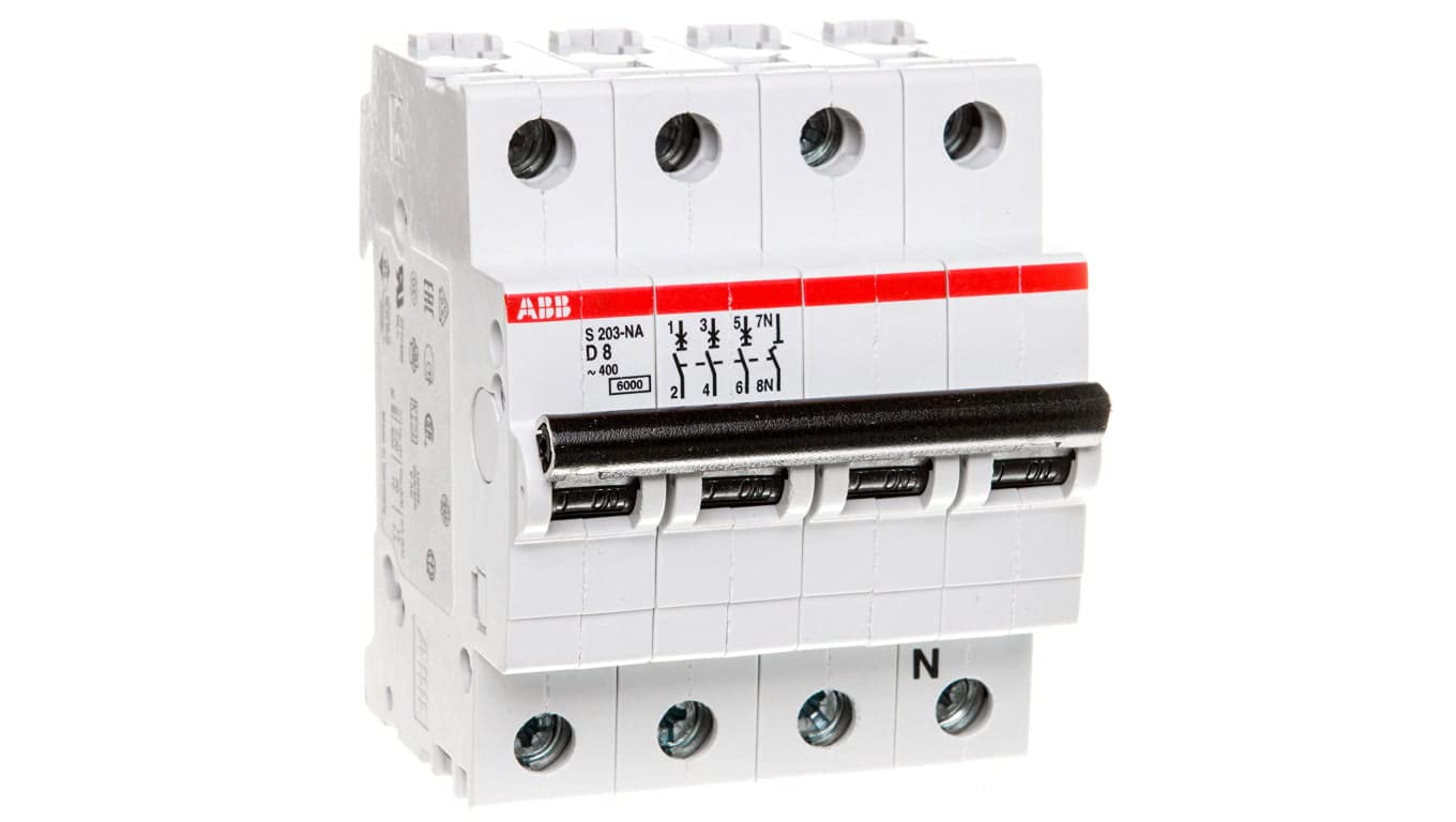 Interruptor magnetotermico S203-D8NA de 3 polos y neutro curva D para cuadros de distribucion