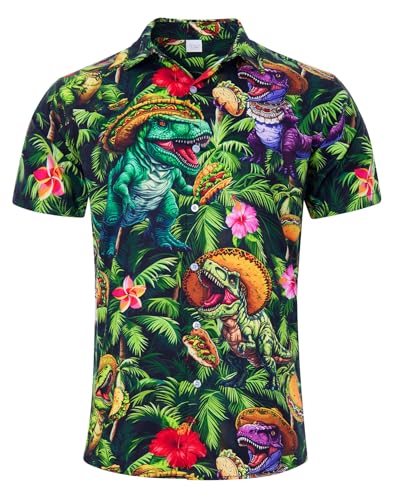 TUONROAD Ugly Shirts for Men 3D Dinosaur Hawian Shirts Short Sleeve Casual Shirt Button Down Holiday Beach Shirt M