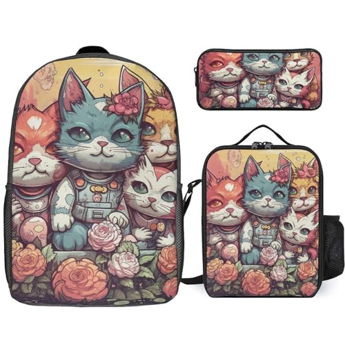 3 Piece Backpack for Women Men Lightweight Causal Daypack Shoulder Bag Set with Insulated Lunch Bag And Pencil Case Organizers Floral Punk Style