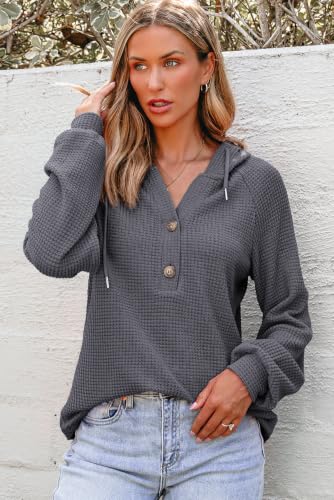 Image of Dokotoo Hoodies for Women Waffle Knit Button V Neck Casual Sweatshirt Tops