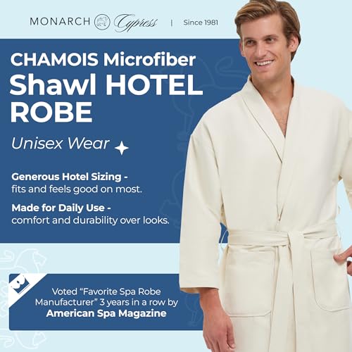 Image of Monarch Unisex Chamois Microfiber Shawl Hotel Robe - Soft Lightweight Fabric, Generously Sized Hotel & Spa Robe with Pockets