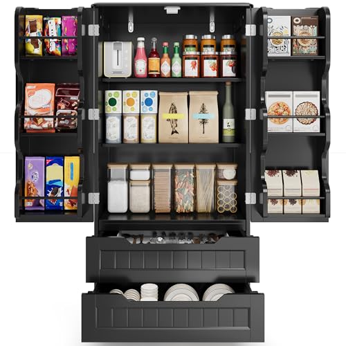 Gizoon Kitchen Storage Pantry with Drawers Freestanding Kitchen Storage Cabinets with Doors and Shelves, 47" Small Food Pantry Cabinet for Dining Room Craft Room, Black Black 16"D x 24"W x 4