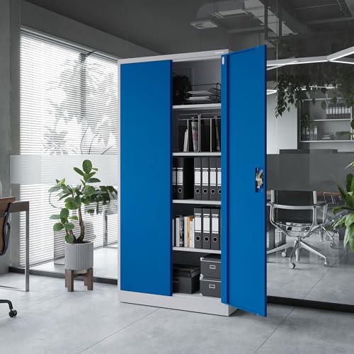 Jan Nowak Metallschrank Jan 185 x 90 x 40 cm - Metall Aktenschrank Abschließbar mit 2 Türen, Mehrzweckschrank mit 5 Ebenen, Büroschrank aus Stahlschrank mit Pulverbeschichtung - Grau-Blau