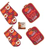 Fall Kitchen Oven Mitt and Pot Holder 4 Pc Set 100% Cotton Pink Autumn Pumpkin Spice Coffee and Donu