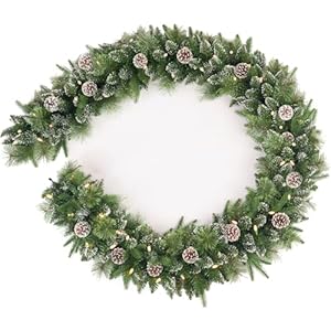 9Ft Pre-Lit Christmas Garland, Plug in, Green, 50 White Lights, Fireplace Stairs Mantle Door Indoor Outdoor, Decorated Pine Cone and Snow Style