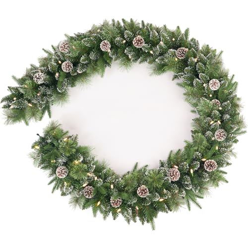9Ft Pre-Lit Christmas Garland, Plug in, Green, 50 White Lights, Fireplace Stairs Mantle Door Indoor Outdoor, Decorated Pine Cone and Snow Style