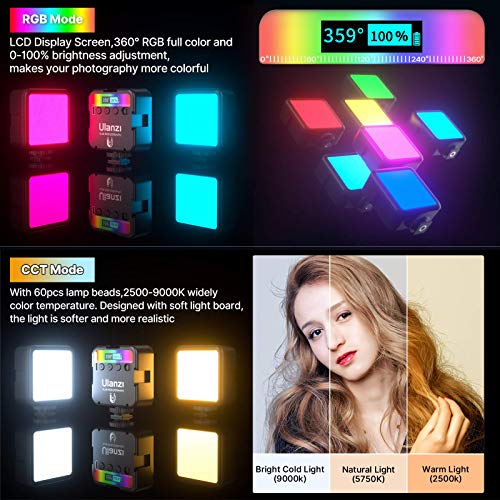 VIJIM Ulanzi VL49 RGB Video Light w 3 Cold Shoe,Mini Rechargeable LED Camera 360degFull Color Portable Photography Lighting Support Magnetic Attraction,2500-9000K Dimmable LED Panel Lamp w LCD Display - Thumbnail 5