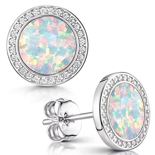 MATERIA Opal Ohrringe Silber 925 - Damen Ohrstecker weiß rund flach mit Zirkonia Steine in Schmuck Box SO-394-Opal