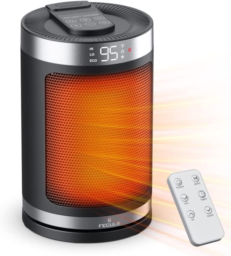 Space Heater for Indoor Use,Feculs Portable Heater with Digital Thermostat&Remote,1500W Fast Heating PTC Ceramic Electric Heater,1-12h Timer,90deg Quiet Oscillating SmallHeater for Office Home,9.5in