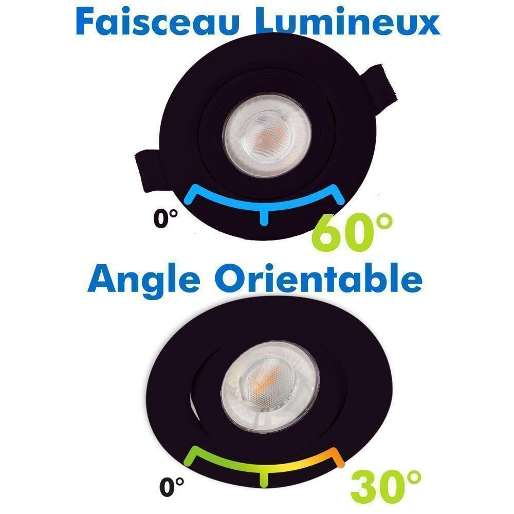 Arum Lot de 5 Spots LED Encastrables Extra Plats ASTURIE 7W (Eq. 75W) – Technologie CCT (Choix 3000K / 4000K / 6500K) – Orientables & Noir Mat – Trou Perçage 70mm – Faible Profondeur 25mm (220V)