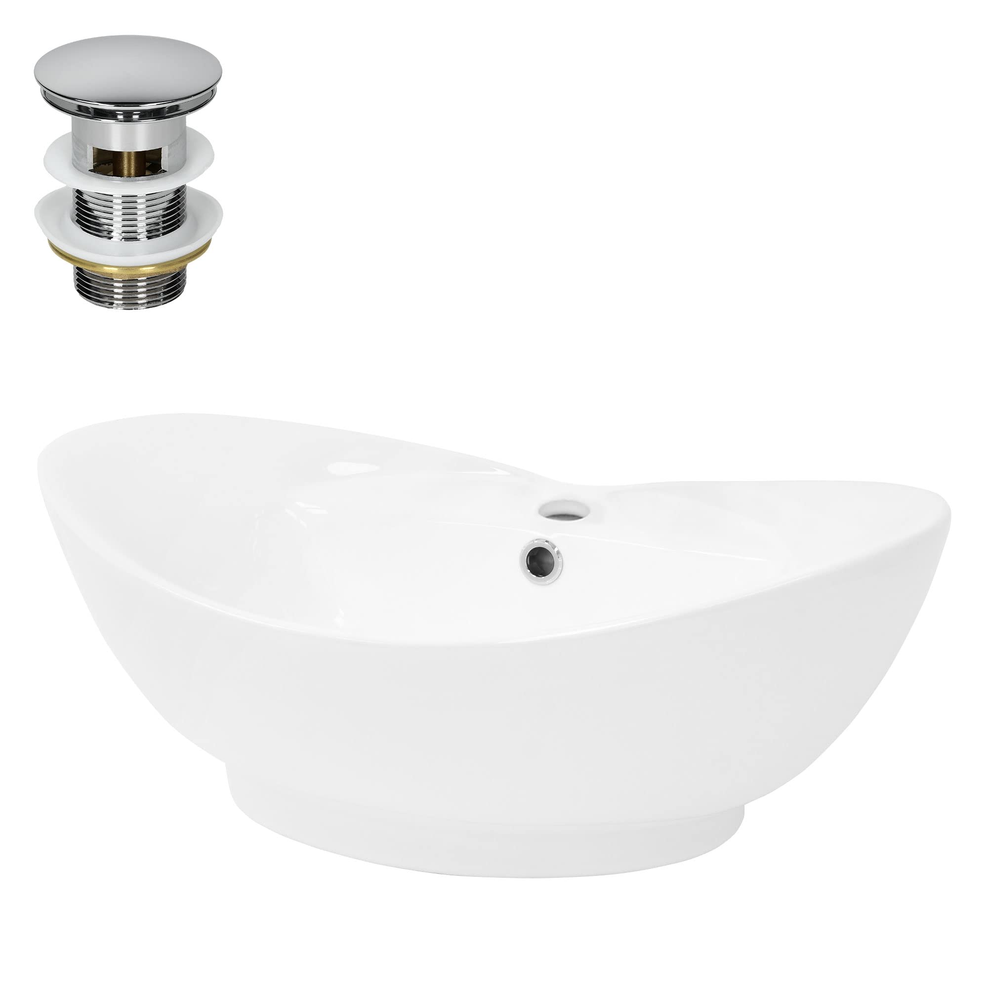 LuxeBath Waschbecken Keramik 590x395x205 mm oval Weiß mit Ablaufgarnitur Silber, Aufsatzwaschbecken für Badezimmer/Gäste-WC, Modernes Aufsatzbecken, Waschtisch Waschschale Waschplatz Handwaschbecken