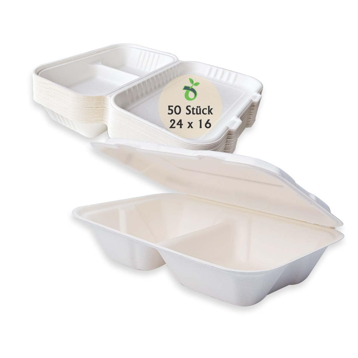 50 Stück Menübox 2-geteilt 24x16x6cm mit Klappdeckel | rechteckige Einweg Lunchboxen aus Zuckerrohr, ideal für Takeaway