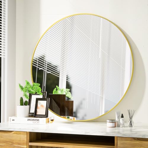 Koonmi Espejo redondo de 80 cm con marco de aleación de aluminio para baño, tocador, sala de estar, dormitorio, decoración de pared