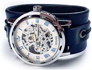 Steampunk Wrist Watch, Leather Watch, Skeleton watch, Leather Cuff Watch, Bracelet Watch, Watch Cuff, Blue Watch, Vilon Leather - 03S-2
