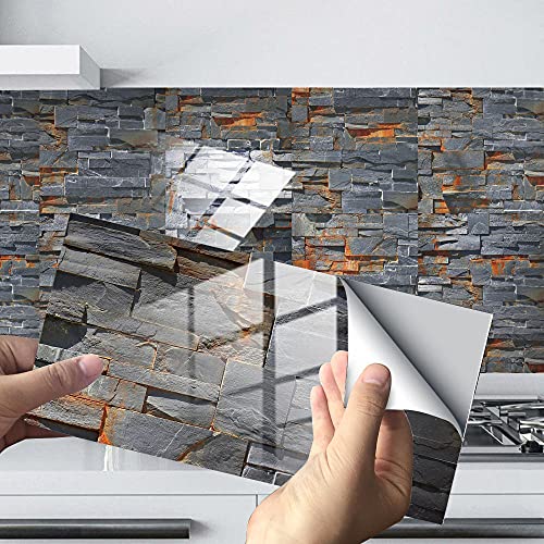 Stick on Tiles Charcoal Gray Orange Tile Stickers PVC Self Adhesive Wall Tiles Heat Resistant Tile Stickers for Kitchen Bathroom Waterproof Peel and Stick Floor Tiles Tile Paint 24 pcs