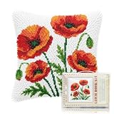 FREEBLOSS Knüpf Sets Für Erwachsene Und Anfänger Rote Blumen Vorgedrucktes DIY Häkel Und Knüpf Set Kissenbezug Zur Heimsofa Dekoration Inklusive Anleitung 17 * 17 Zoll