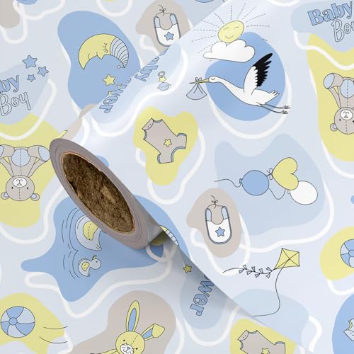 LeZakaa Baby Boy Shower Wrapping Paper Roll Mini Roll - Cute Teddy Bear and Balloon Design with Backside Gridlines for Newborn and Baptism Gifts - 17 Inch x 9.8 Feet