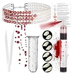 Go Ho Halloween Necklace for Gothic Witch Vampire Makeup Set- Bloody Pearl Choker Necklace,Fake Blood Spray,4 Sizes Vampire Fangs Teeth,Halloween Party Cosplay Props Accessories for Women