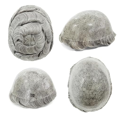 Noblehairmax Toupee for Mens Human Hairpiece, Men Wig Human Hair Replacement System for Men Hair Style, Poly Skin 0.12mm V-looped Grey Hairpieces for Human Hair Natural Hairline 1B80