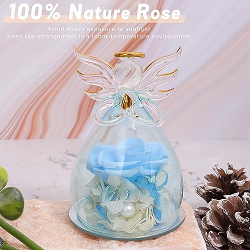 ANLUNOB Preserved Rose Birthday Gifts for Women Mom Grandma Wife, Glass Angel Figurines Gifts with Pretty Blue Flowers for Anniversary Wedding - Thumbnail 5