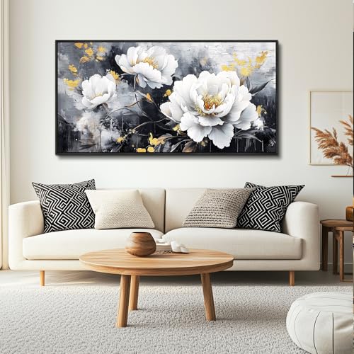 PHAOHUAXM Large Framed Canvas Wall Decor For Living Room Wall Art For Bedroom Modern Abstract Painting Ink-Wash White Flowers With Black Frames Dining Room Home Decor Print Artwork Posters 30"X60"