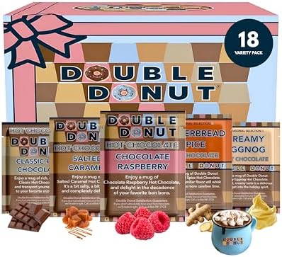Double Donut Coffee Flavored Hot Chocolate Packets Variety Pack,18 Count Includes Classic, Chocolate Raspberry, Salted Caramel & Peppermint