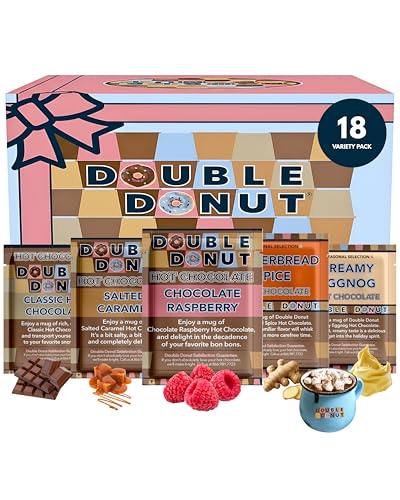 Double Donut Coffee Flavored Hot Chocolate Packets Variety Pack,18 Count Includes Classic, Chocolate Raspberry, Salted Caramel & Peppermint