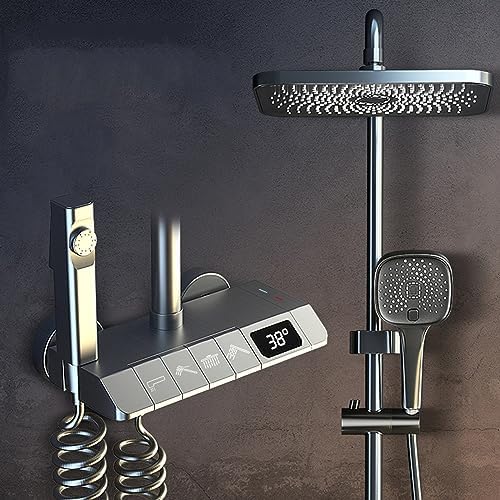 Bathroom Mixed Water Shower Set Hand Spray Adjustable Height Fine Copper Main Body Intelligent Digital Display 4 Outlets Large Top Spray (Black) image 4