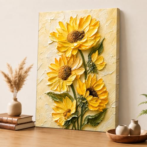 Image of PAINTINGMANTRA Textured Embossed Floral Canvas Wall Art Painting for wall decoration, Vibrant Yellow Sunflower Motifs Stretched Canvas Painting for living room, bedroom, office and Home, 16x22 Inch